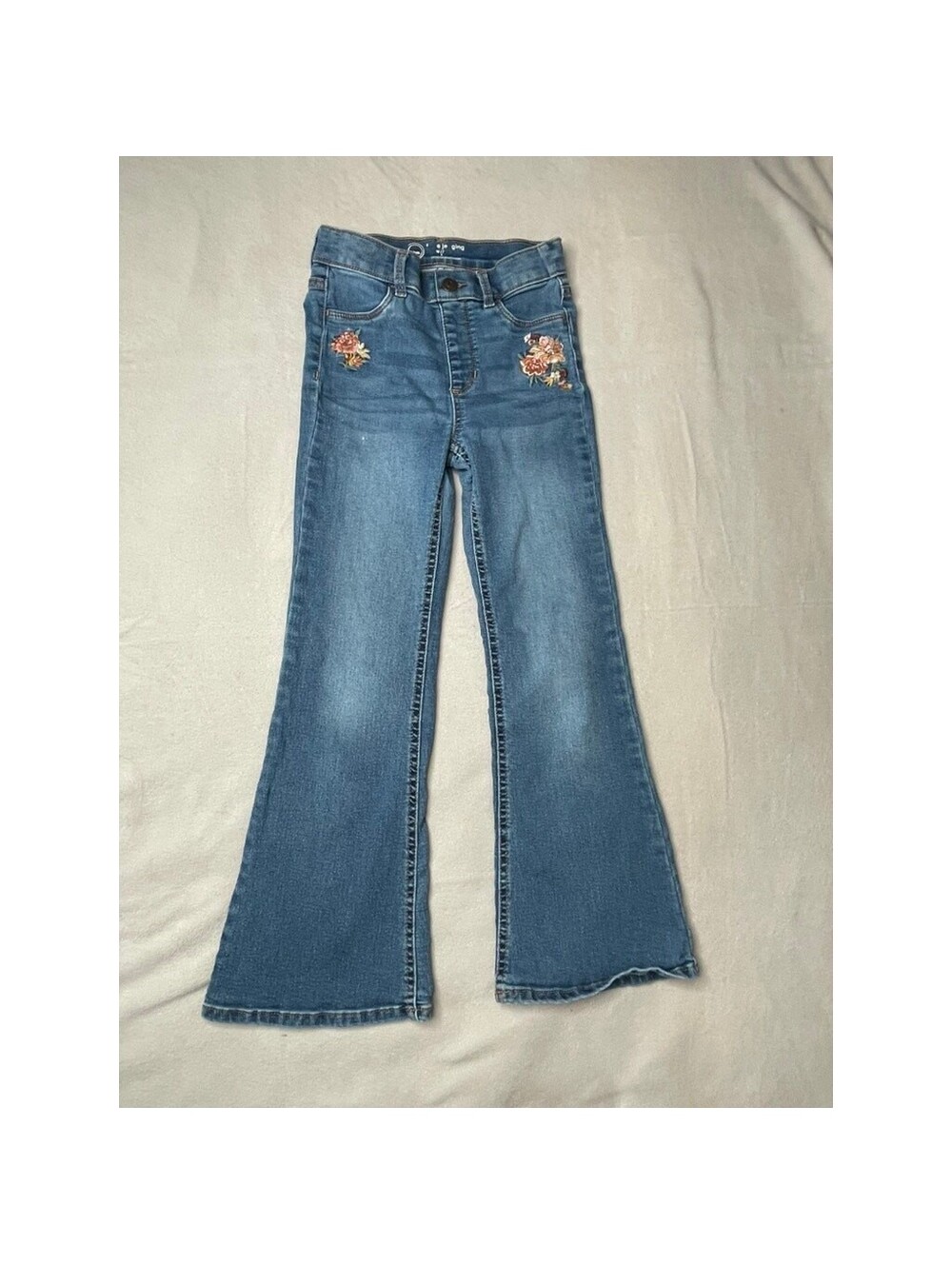 Girls Flare Jeans Size 7/8 – Floral Embroidered Light Wash Denim